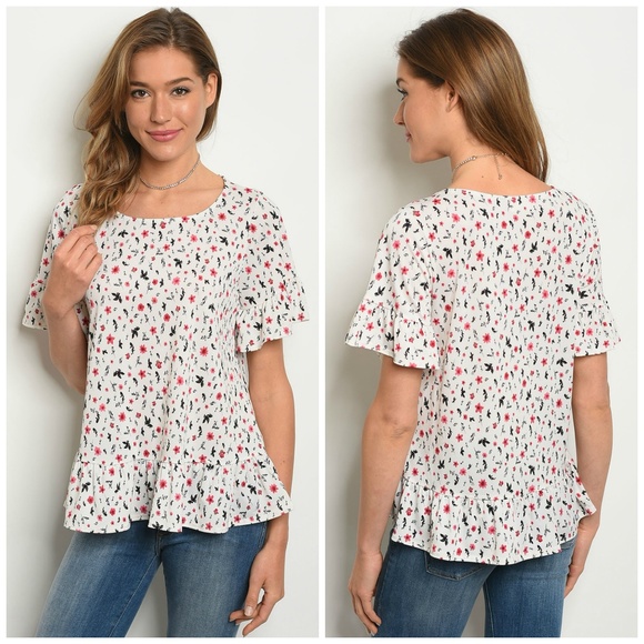 Floral Scoop Neck Top w/Ruffle Sleeves - Picture 2 of 3